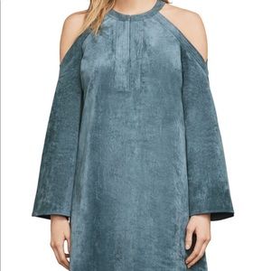 Bcbgmaxazria blue laguna suede cold shoulder dress
